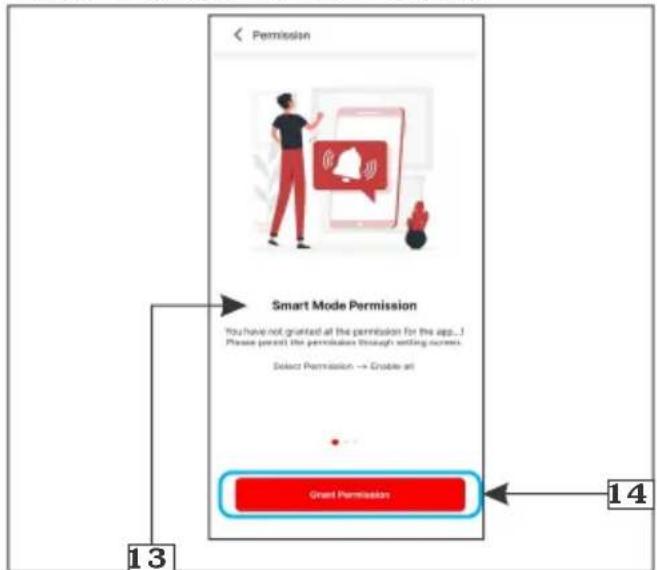 Permission Smart Mode Permission You have not granted at the permission for the app... Please permit the permission through setting screens. Select Permission → Enable all Grant Permission 13 14