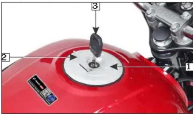 Labeled diagram of a red motorcycle fuel injector with numbered parts and control panel