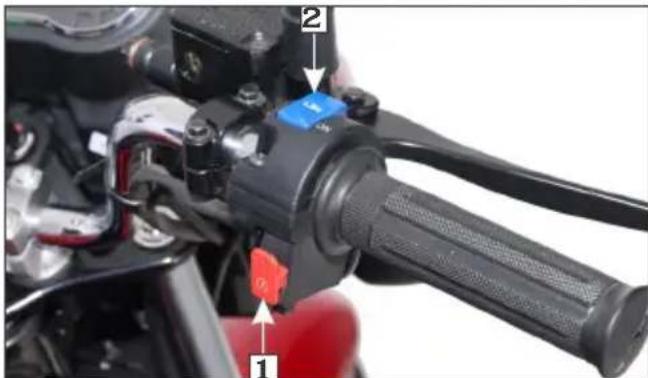 Close-up of a motorcycle's hand lever and grip with labeled parts, including a blue control switch and red adjustment knob.