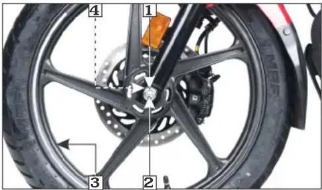 Labeled diagram of a motorcycle wheel and brake system with numbered components