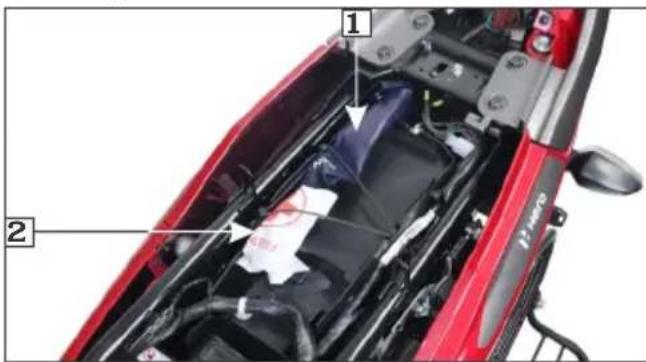 Technical diagram of a red car engine bay with labeled components and parts, showing internal battery and wiring.