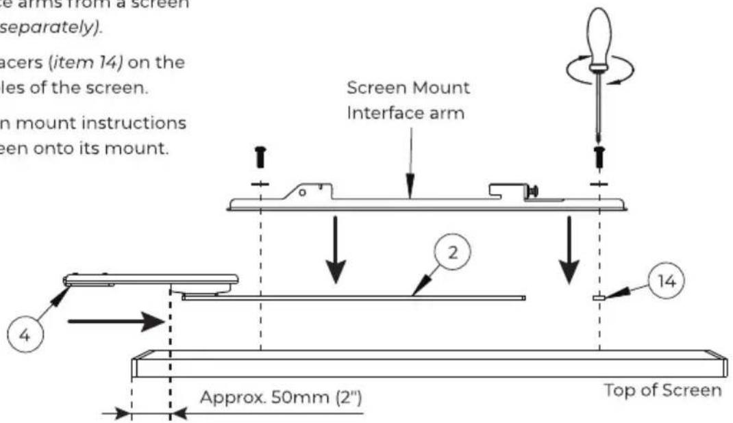 the arms from a screen (separately). racers (item 14) on the les of the screen. on mount instructions een onto its mount. Screen Mount Interface arm 2 4 14 Approx. 50mm (2") Top of Screen