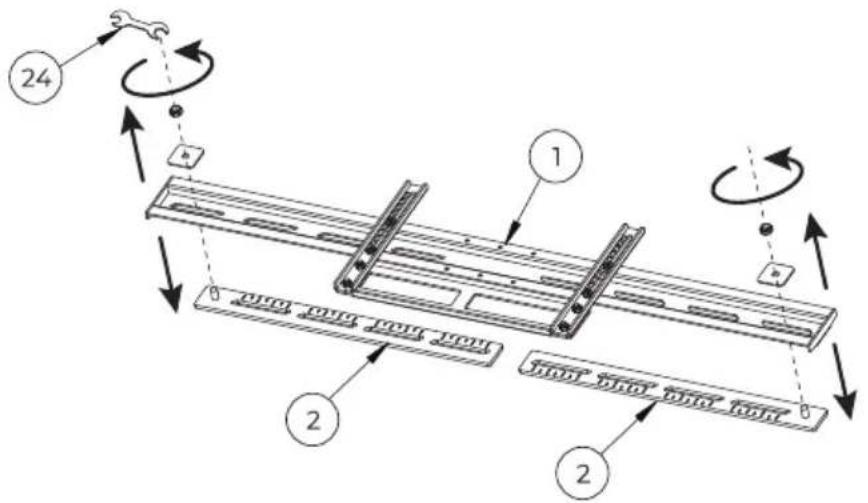 Technical diagram of a mechanical assembly with numbered components and directional arrows indicating motion or assembly.