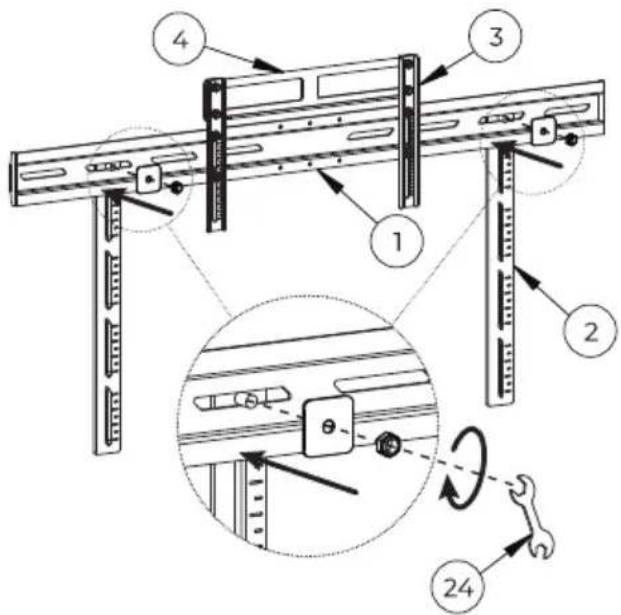 Technical diagram of a mechanical assembly with numbered components and a magnified inset showing a rotating tool mechanism.