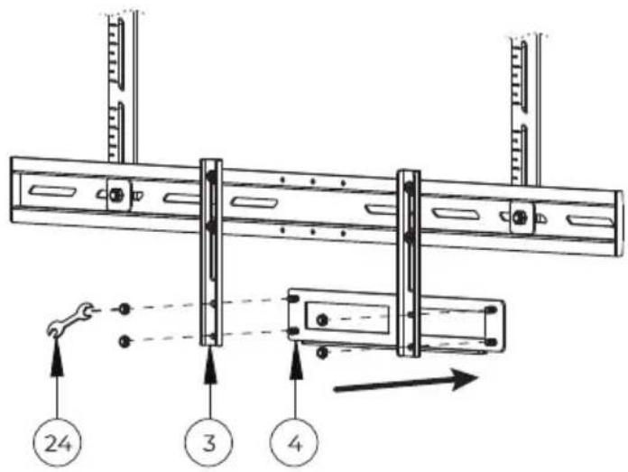 Technical diagram showing mechanical assembly with numbered components and directional arrows indicating motion or force