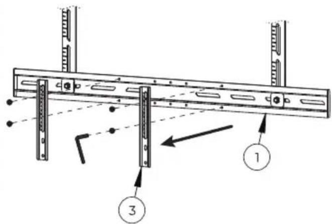 Technical diagram of a mechanical assembly with labeled components 1 and 3, showing structural elements and alignment indicators.