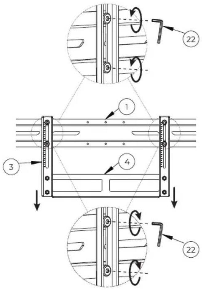 Technical diagram showing mechanical assembly steps with numbered components and rotational arrows indicating motion