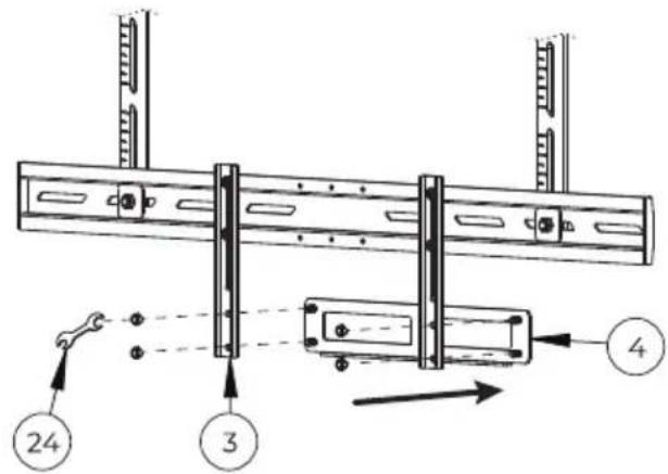 Technical diagram of a mechanical assembly with numbered components and directional arrows indicating motion or assembly.