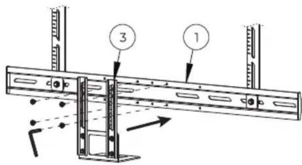 Technical diagram showing a mechanical assembly with labeled parts 1 and 3, including directional arrows and dimension lines.