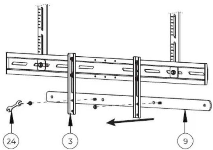 Technical diagram of a mechanical assembly with numbered components and directional arrows indicating motion or assembly.