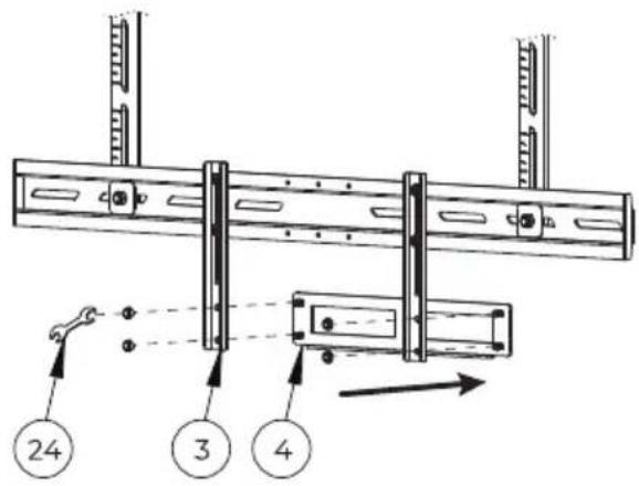 Technical diagram showing mechanical assembly with numbered components and directional arrows indicating motion or movement.