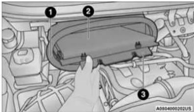 Technical diagram of a car engine compartment with numbered parts and a hand pointing to the component