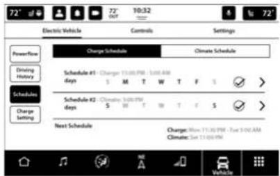 72nd Electric Vehicle Controls Settings Powerflow Driving History Schedule #1 - Charge 71.30 PM - 5:00 AM days S M T W T F S Schedule #2 - Charge 5:45 PM days S M T W T F S Charge Setting Next Schedule Charge: Max 71.30 PM - Max 3:00 AM Climate: Set 13:00 PM Vehicle