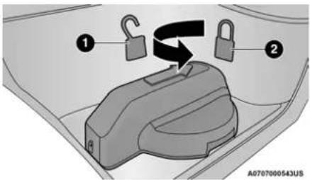 Diagram showing a car interior with lock icons and a curved arrow indicating rotation or movement, labeled with numbers 1 and 2.