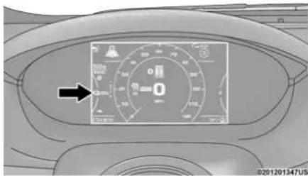 Car dashboard display showing speedometer and navigation icons with a black arrow pointing to zero speed.
