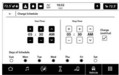 72.5° 72° 10:32 + Charge Schedule Start Time 05 : 30 AM Stop Time 05 : 30 AM Charge Until Full Days of Schedule Sun Mon Tue Wed Thu Fri Sat Vehicle