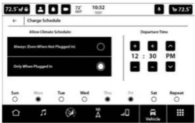 72.5° Charge Schedule Allow Climate Schedule: Always (Even When Not Plugged In) Only When Plugged In Departure Time 12 : 30 PM Sun Main Tue Wed Thu Sat Repeat Vehicle