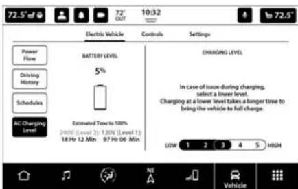 72.5' Electric Vehicle Controls Settings Power Flow Driving History Schedules AC Charging Level BATTERY LEVEL 5% Estimated Time to 100% 2400V (Level 2): 1320V (Level 1) 18 Hr 12 Min 97 Hr 06 Min CHARGING LEVEL In case of issue during charging, select a lower level. Charging at a lower level takes a longer time to bring the vehicle to full charge. LOW 1 2 3 4 5 HIGH Vehicle