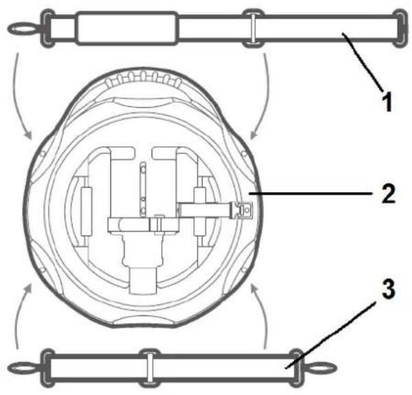 Technical diagram of a mechanical assembly with labeled components and rotational motion arrows