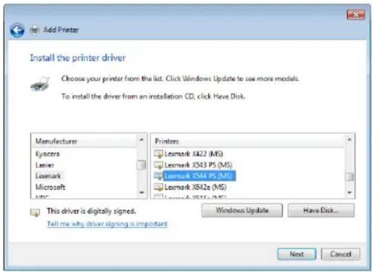 Add Printer. Install the printer driver. Choose your printer from the list. Click Windows Update to see more models. To install the driver from an installation CD, click Have Disk. Manufacturer: Kyocera, Lanier, Lexmark, Microsoft, UPC. Printers: Lexmark X422 (MS), Lexmark X543 PS (MS), Lexmark X544…