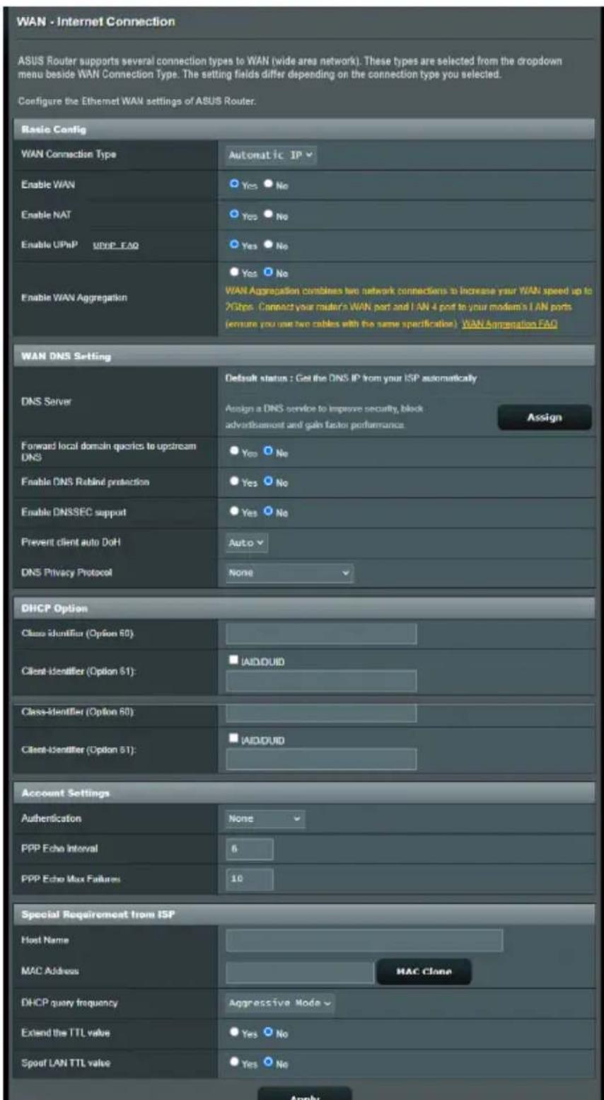 WAN - Internet Connection ASUS Router supports several connection types to WAN (wide area network). These types are selected from the dropdown menu beside WAN Connection Type. The setting fields differ depending on the connection type you selected. Configure the Ethernet WAN settings of ASUS Router.…