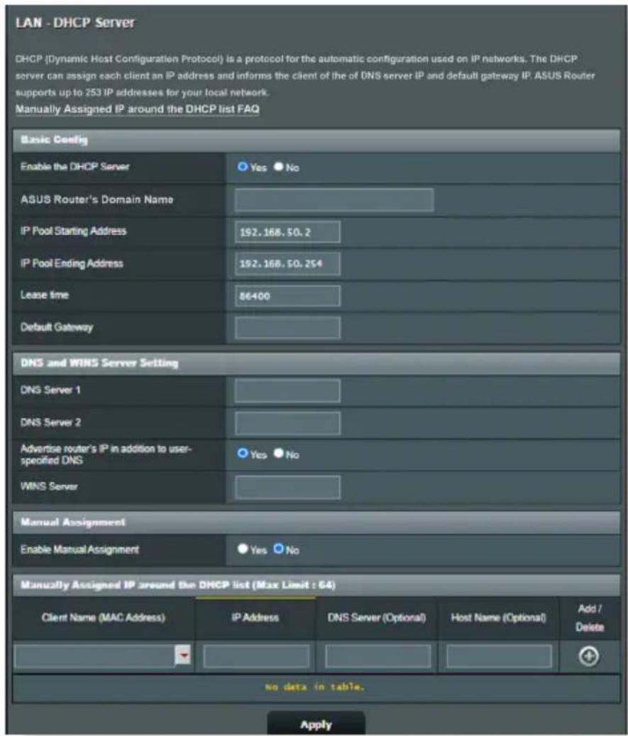 LAN - DHCP Server DHCP (Dynamic Host Configuration Protocol) is a protocol for the automatic configuration used on IP networks. The DHCP server can assign each client an IP address and informs the client of the DNS server IP and default gateway IP. ASUS Router supports up to 253 IP addresses for you…