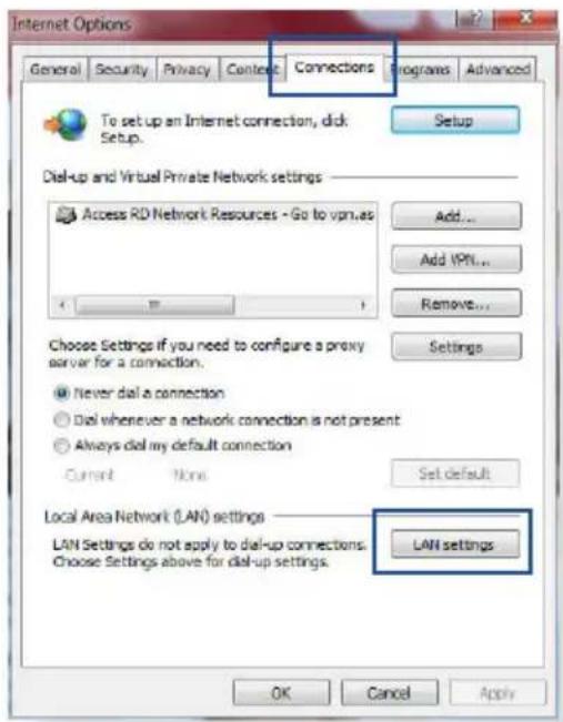 Internet Options. General, Security, Privacy, Content, Connections, Programs, Advanced. To set up an Internet connection, click Setup. Setup. Dial-up and Virtual Private Network settings: Access RD Network Resources - Go to vpn.as. Add... Add VPN... Remove... Settings. Choose Settings if you need to…