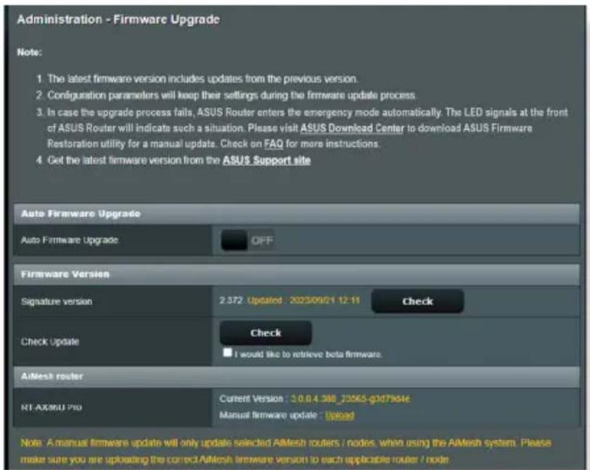 Administration - Firmware Upgrade Note: 1. The latest firmware version includes updates from the previous version. 2. Configuration parameters will keep their settings during the firmware update process. 3. In case the upgrade process fails, ASUS Router enters the emergency mode automatically. The L…