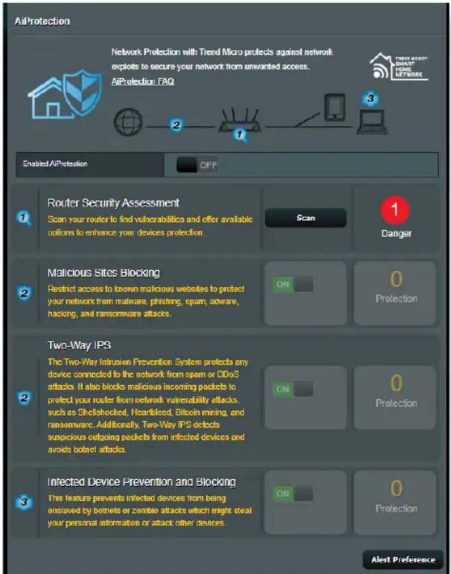 AIProtection Network Protection with Trend Micro protects against network exploits to secure your network from unwanted access. AiProtection FAQ Enabled AiProtection OFF 1 Router Security Assessment Scan your router to find vulnerabilities and offer available options to enhance your device's protect…