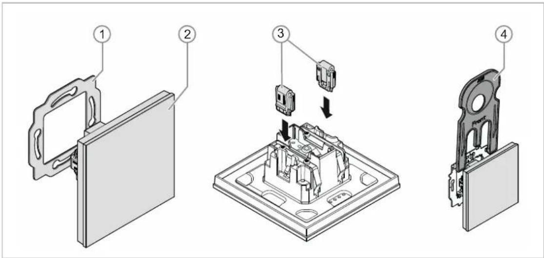 Exploded view diagram of a device assembly with numbered parts and directional arrows indicating assembly steps.
