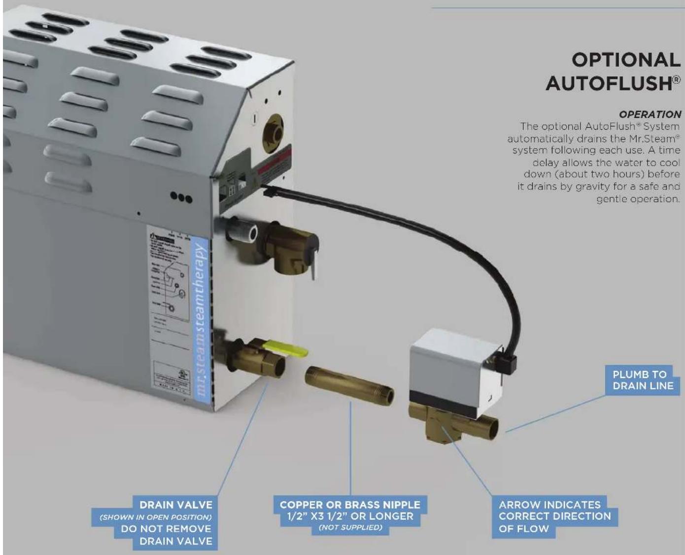 OPTIONAL AUTOFLUSH® OPERATION The optional AutoFlush® System automatically drains the Mr.Steam® system following each use. A time delay allows the water to cool down (about two hours) before it drains by gravity for a safe and gentle operation. PLUMB TO DRAIN LINE DRAIN VALVE (SHOWN IN OPEN POSITION) DO NOT REMOVE DRAIN VALVE COPPER OR BRASS NIPPLE 1/2" X3 1/2" OR LONGER (NOT SUPPLIED) ARROW INDICATES CORRECT DIRECTION OF FLOW