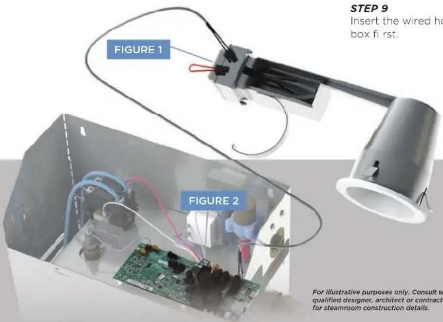 FIGURE 1 FIGURE 2 STEP 9 Insert the wired ho box fi rst. For illustrative purposes only. Consult w qualified designer, architect or contract for steamroom construction details.