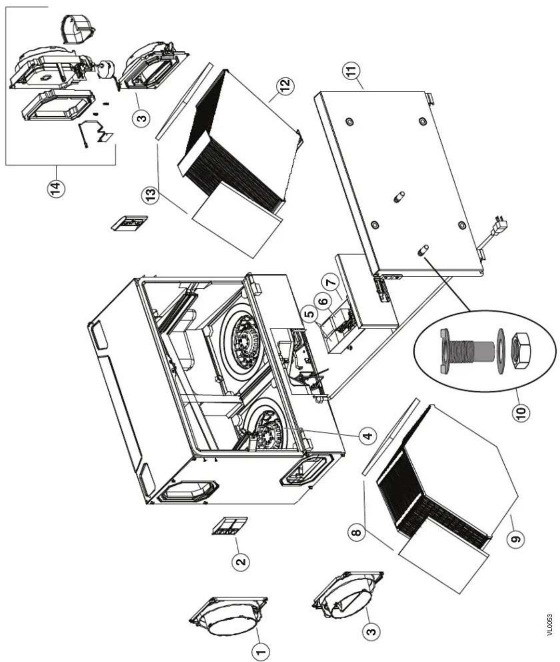 Exploded view diagram of a washing machine with numbered components and exploded views