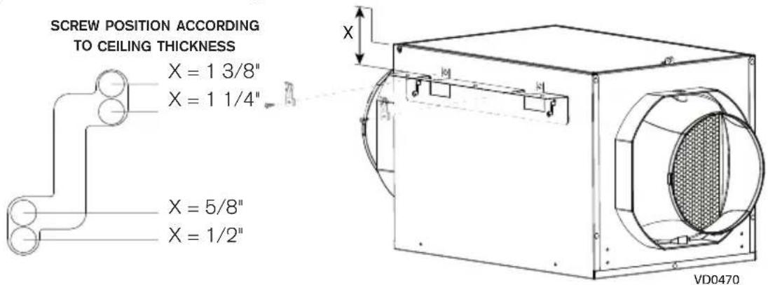 SCREW POSITION ACCORDING TO CEILING THICKNESS X = 1 3/8" X = 1 1/4" X = 5/8" X = 1/2" VD0470