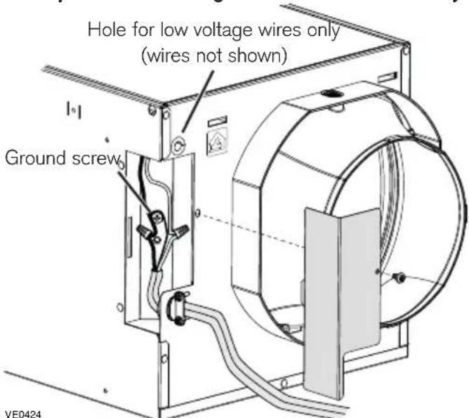 Hole for low voltage wires only (wires not shown) Ground screw VE0424