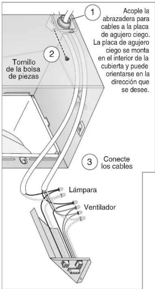 Tornillo de la bolsa de piezas Acople la abrazadera para cables a la placa de agujero ciego. La placa de agujero ciego se monta en el interior de la cubierta y puede orientarse en la dirección que se desee. Conecte los cables Lámpara Ventilador