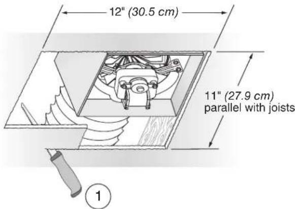 12" (30.5 cm) 11" (27.9 cm) parallel with joists ①