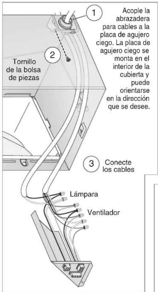 Tornillo de la bolsa de piezas 1 Acople la abrazadera para cables a la placa de agujero ciego. La placa de agujero ciego se monta en el interior de la cubierta y puede orientarse en la dirección que se desee. 2 3 Conecte los cables Lámpara Ventilador