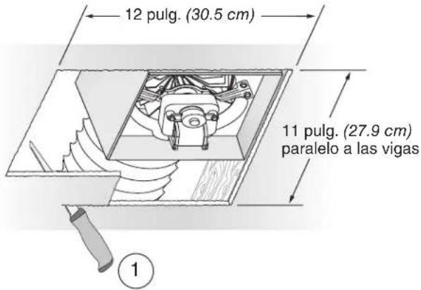 12 pulg. (30.5 cm) 11 pulg. (27.9 cm) paralelo a las vigas ①