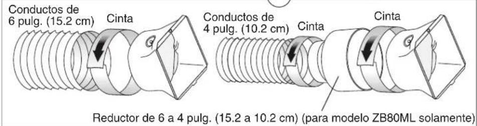 Conductos de 6 pulg. (15.2 cm) Cinta Conductos de 4 pulg. (10.2 cm) Cinta Cinta Reductor de 6 a 4 pulg. (15.2 a 10.2 cm) (para modelo ZB80ML solamente)