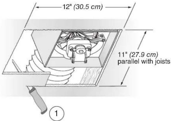 12" (30.5 cm) 11" (27.9 cm) parallel with joists ①
