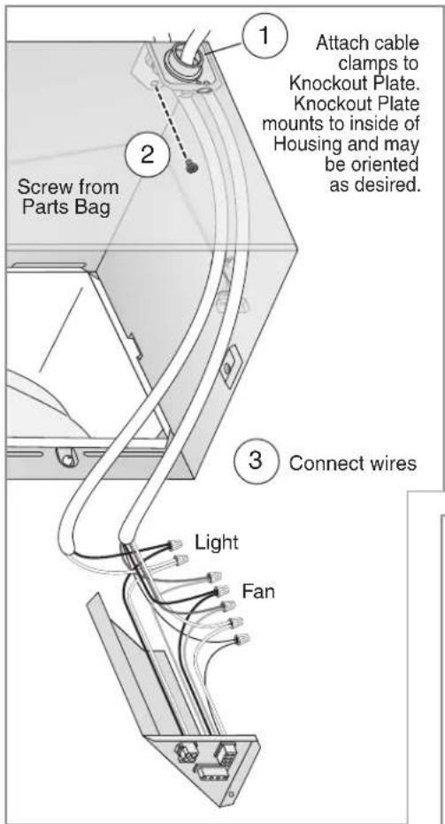 1 Attach cable clamps to Knockout Plate. Knockout Plate mounts to inside of Housing and may be oriented as desired. 2 Screw from Parts Bag 3 Connect wires Light Fan