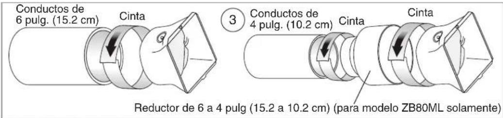 Conductos de 6 pulg. (15.2 cm) Cinta Reductor de 6 a 4 pulg (15.2 a 10.2 cm) (para modelo ZB80ML solamente) 3 Conductos de 4 pulg. (10.2 cm) Cinta Cinta