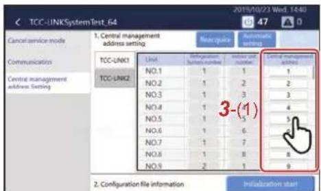 TCC-UNKSystemTest_64 Cancel service mode Communication Central management address setting 1. Central management address setting TCC-UNK1 TCC-UNK2 NO.1 NO.2 NO.3 NO.4 NO.5 NO.6 NO.7 NO.8 NO.9 NO.1 1 1 2 3 4 5 6 7 8 9 Configuration file information AutoCAD Automatic setting 3-(1) 2. Configuration start