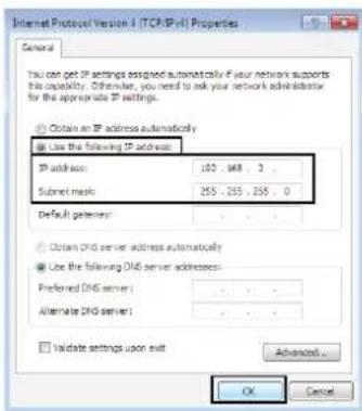 Internet Protocol Version 4 (TCP/IP-4) Properties General You can get IP settings assigned automatically if your network supports this capability. Otherwise, you need to ask your network administrator for the appropriate IP settings. Obtain an IP address automatically Use the following IP address: IP address: 100 . 968 . 3 Submit mask: 255 . 255 . 255 . 0 Default gateway: Obtain DNS server address automatically Use the following DNS server addresses: Preferred DNS server: Alternate DNS server: Validate settings upon exit Advanced... OK Cancel
