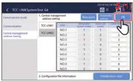 TCC-UNKSystemTest_64 Cancel service mode Communication Central management address setting TCC-UNK1 TCC-UNK2 1. Central management address setting UH# NO.1 NO.2 NO.3 NO.4 NO.5 NO.6 NO.7 NO.8 NO.9 Configuration file information Back-up Antennaic settings Control pin OK 2: Configuration file information Invskization start