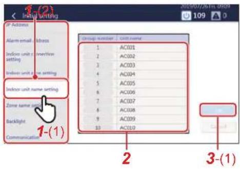 1-(2) Initio setting IP Address Alarm email address Indoor unit name setting Indoor unit name setting Indoor unit name setting Zone name setting Backlight Communication Group number Unit name 1 AC001 2 AC002 3 AC003 4 AC004 5 AC005 6 AC006 7 AC007 8 AC008 9 AC009 10 AC010 2 3-(1)
