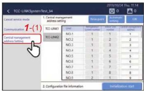 TCC-LINKSystemTest_64 Cancel service mode Communication 1-(1) Central management address setting 1. Central management address setting Unit: NO.1 NO.2 NO.3 NO.4 NO.5 NO.6 NO.7 NO.8 NO.9 Configuration file information Reuscape A-Internal setting Control management address 1 2 3 4 5 6 7 8 9 2. Configuration start