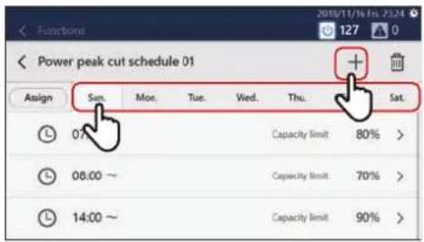 2018/11/16 1st: 23:24 Functions Power peak cut schedule 01 Assign Sun Mon Tue Wed Thu Sat 07 Capacity limit 80% > 08.00 ~ Capacity limit 70% > 14.00 ~ Capacity limit 90% >