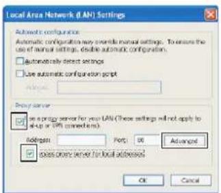 Local Area Network (LAN) Settings Automatic configuration Automatic configuration may override manual settings. To ensure the use of manual settings, enable automatic configuration. □ Automatically detect settings □ Use automatic configuration script Proxy server ☑ Use proxy server for your LAN (These settings will not apply to setup or URL commands) Address: Port: NC Advanced ☑ Does access server for local addresses OK Cancel